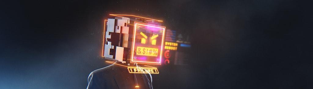 Futuristic 3D render of a businessman with digital monitor head with failure message and glitches.