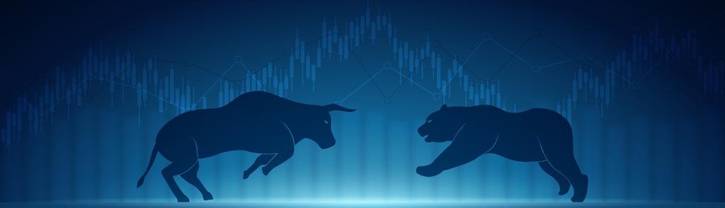 Abstract financial chart with bulls and bear in stock market on blue colour background