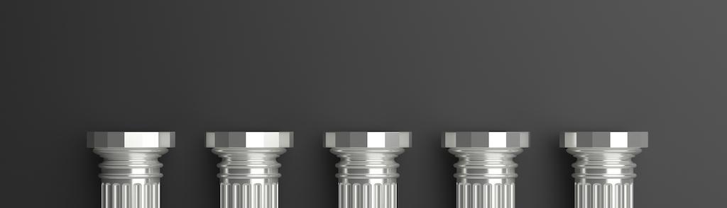 Five columns, Silver ancient greek pillars half, against black wall background, banner, copy space. 3d illustration