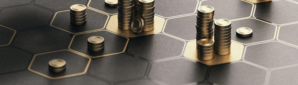 Human hand stacking generic coins over a black background with hexagonal golden shapes. Concept of investment management and portfolio diversification. Composite image between a hand photography and a 3D background.