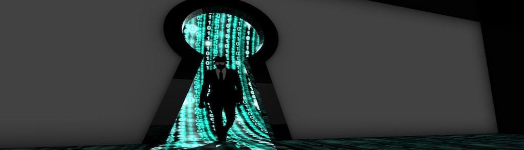 Elite hacker entering a room through a keyhole silhouette 3d illustration information security backdoor concept with turquoise digital background matrix
