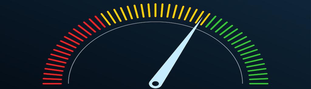 Gauge or meter indicator. Speedometer icon with red, yellow, green scale and arrow. Progress performance chart. Vector illustration.